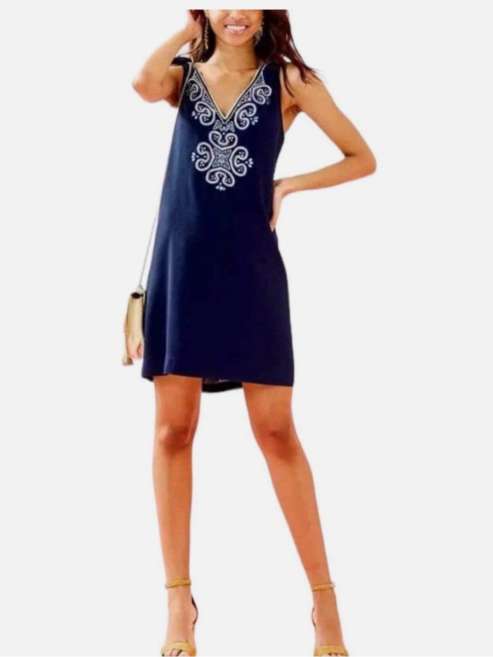 Lilly Pulitzer Penelope Shift Navy Dress Embellished Neckline Size 8
